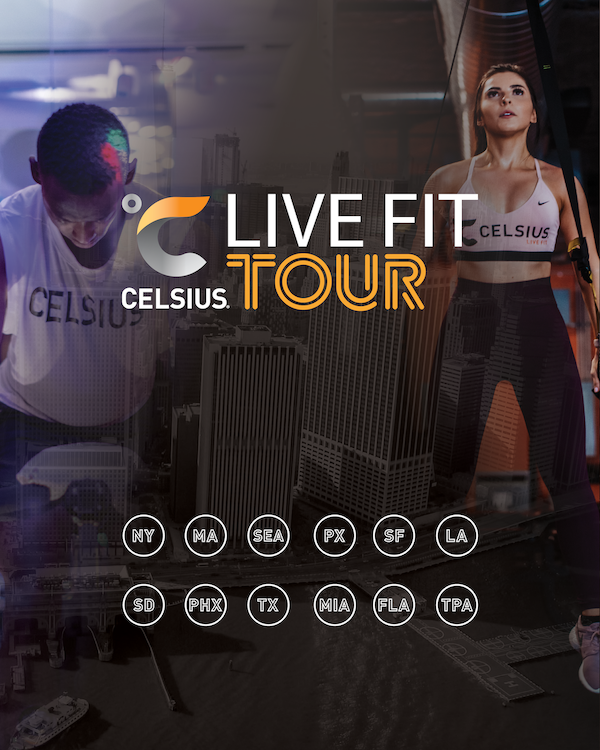 image of a woman and man working out in celsius apparel with the headline live fit tour