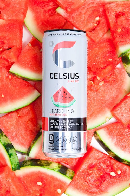 image of a sparkling watermelon celsius can on top of watermelon wedges , healthy energy drink at gas stations