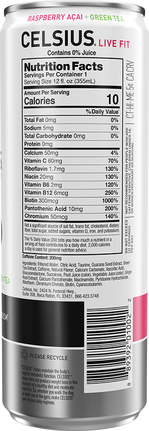 Fizz Free Raspberry Acai Green Tea – Product's Back Label